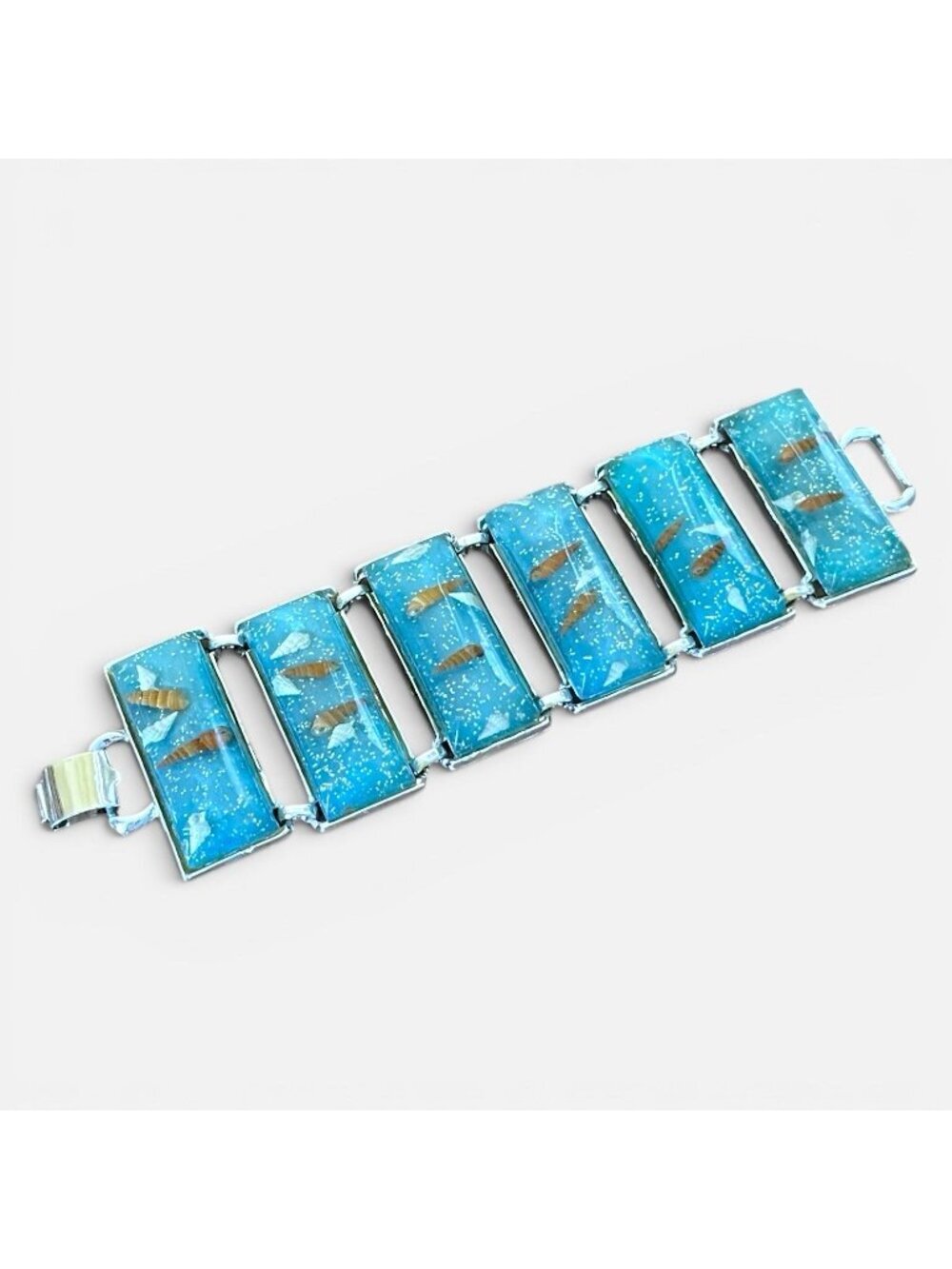 Vintage 1950s Panel Bracelet Blue Confetti Lucite Seashells Silver Tone Wide